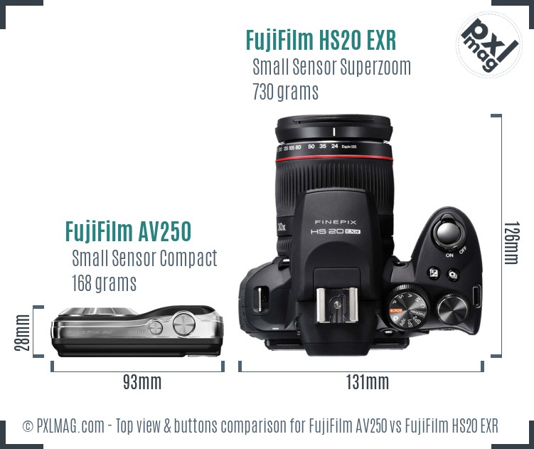 FujiFilm AV250 vs FujiFilm HS20 EXR top view buttons comparison