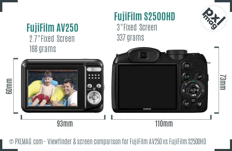 Back screen comparison: FujiFilm AV250 vs S2500HD