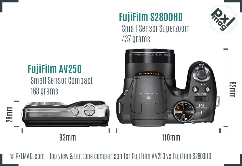 FujiFilm AV250 vs FujiFilm S2800HD top view buttons comparison FujiFilm AV250 vs FujiFilm S2800HD top view buttons comparison