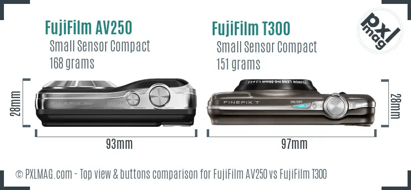 FujiFilm AV250 vs FujiFilm T300 top view buttons comparison FujiFilm AV250 vs FujiFilm T300 top view buttons comparison