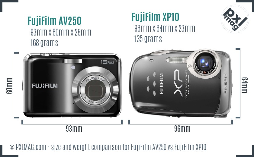 FujiFilm AV250 vs FujiFilm XP10 size comparison
