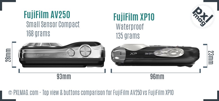 FujiFilm AV250 vs FujiFilm XP10 top view buttons comparison