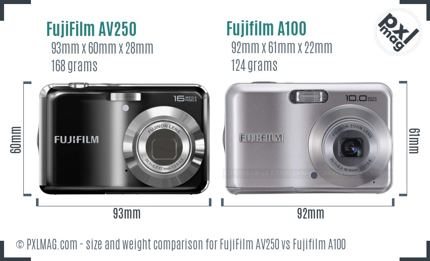FujiFilm AV250 vs Fujifilm A100 size comparison