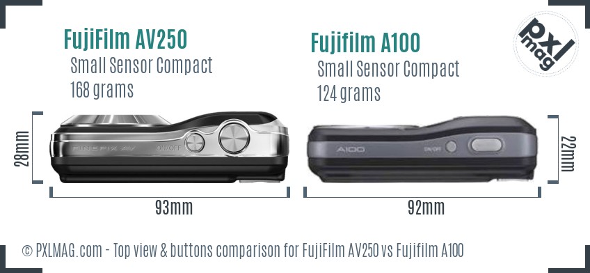 FujiFilm AV250 vs Fujifilm A100 top view buttons comparison