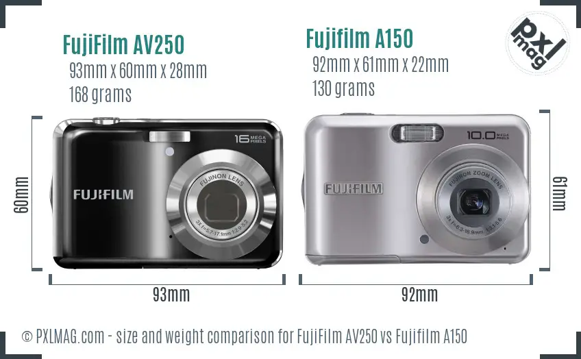 FujiFilm AV250 vs Fujifilm A150 size comparison
