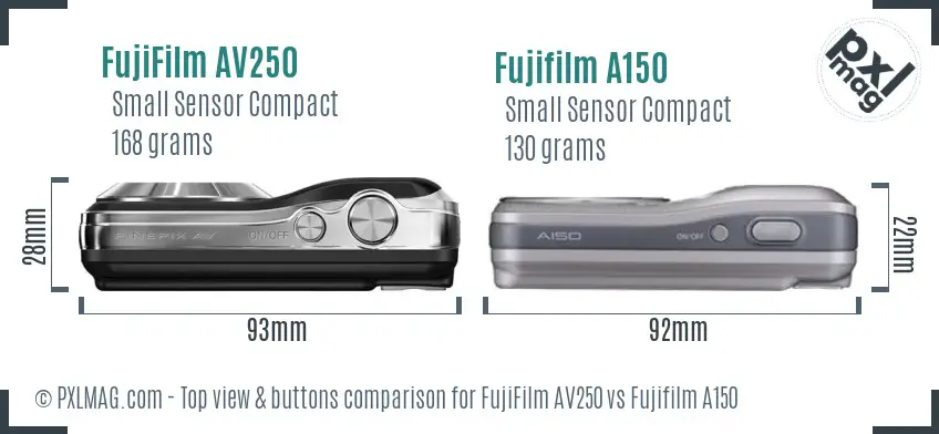 FujiFilm AV250 vs Fujifilm A150 top view buttons comparison