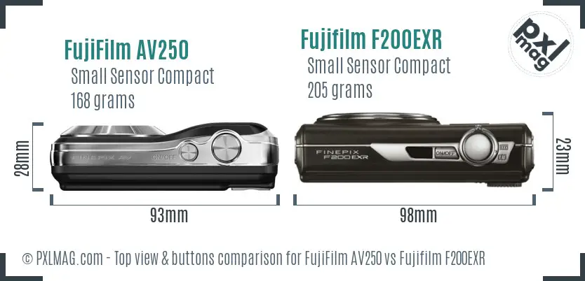 FujiFilm AV250 vs Fujifilm F200EXR top view buttons comparison FujiFilm AV250 vs Fujifilm F200EXR top view buttons comparison
