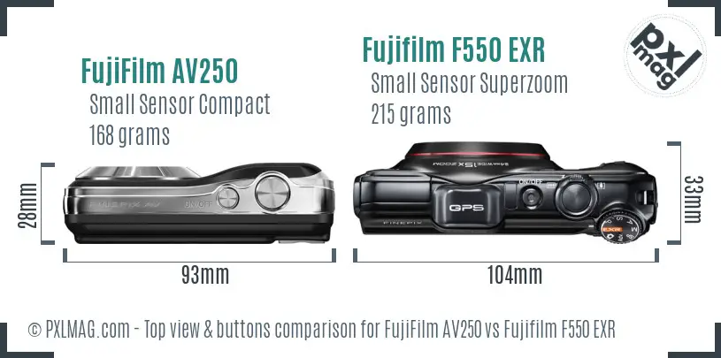 FujiFilm AV250 vs Fujifilm F550 EXR top view buttons comparison
