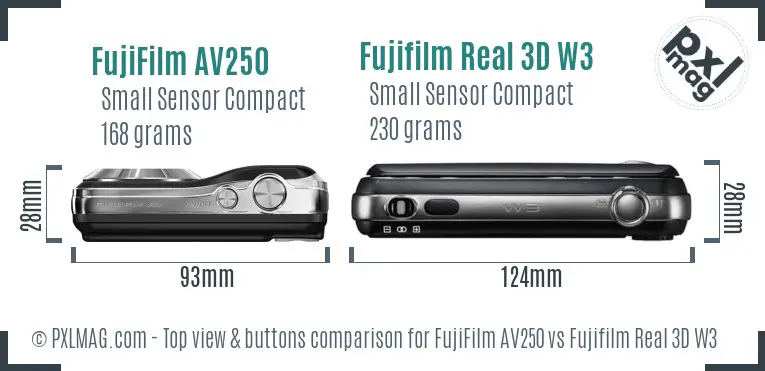 FujiFilm AV250 vs Fujifilm Real 3D W3 top view buttons comparison
