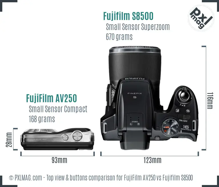 FujiFilm AV250 vs Fujifilm S8500 top view buttons comparison