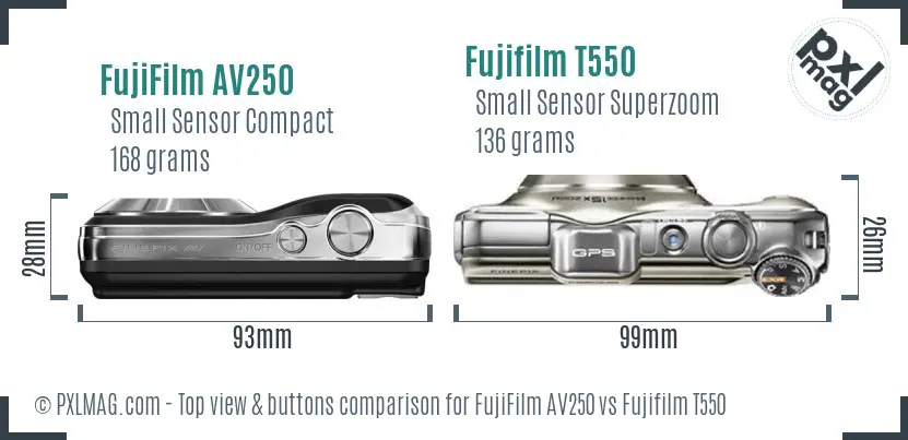 FujiFilm AV250 vs Fujifilm T550 top view buttons comparison FujiFilm AV250 vs Fujifilm T550 top view buttons comparison