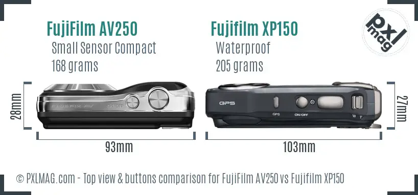FujiFilm AV250 vs Fujifilm XP150 top view buttons comparison