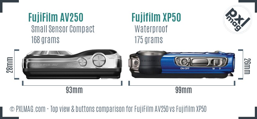 FujiFilm AV250 vs Fujifilm XP50 top view buttons comparison