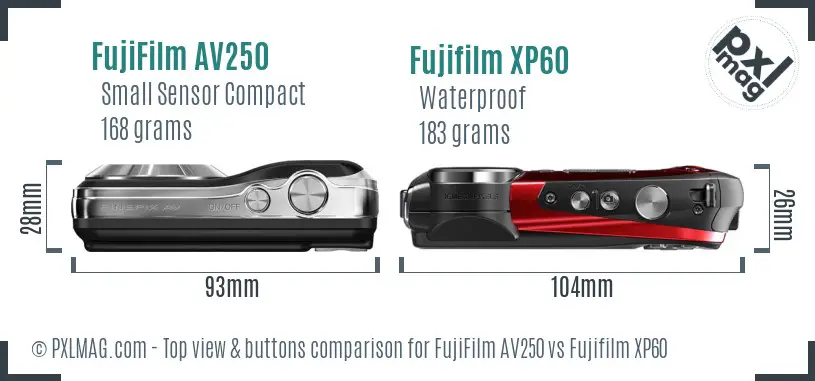 FujiFilm AV250 vs Fujifilm XP60 top view buttons comparison FujiFilm AV250 vs Fujifilm XP60 top view buttons comparison