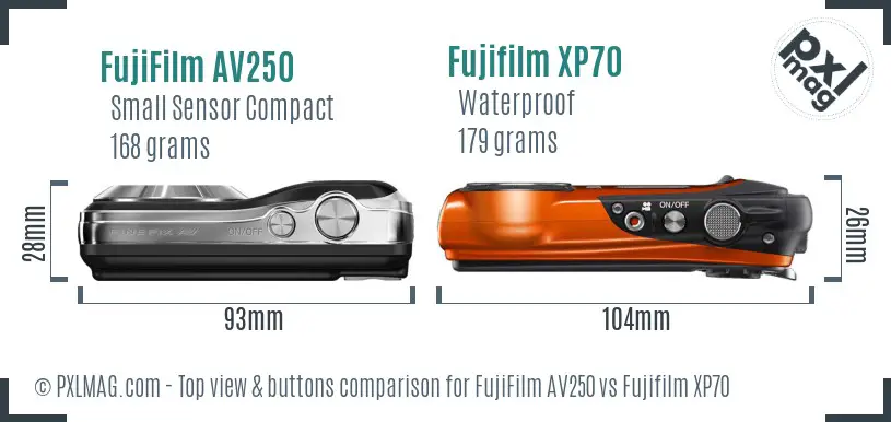 FujiFilm AV250 vs Fujifilm XP70 top view buttons comparison