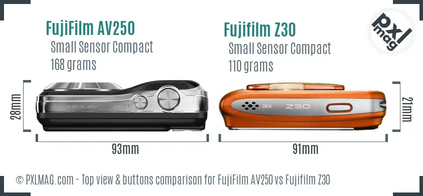 FujiFilm AV250 vs Fujifilm Z30 top view buttons comparison FujiFilm AV250 vs Fujifilm Z30 top view buttons comparison
