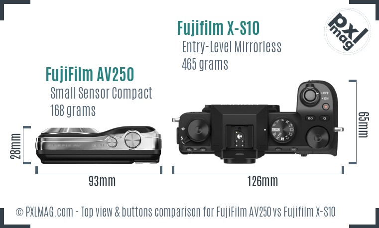 FujiFilm AV250 vs Fujifilm X-S10 top view buttons comparison