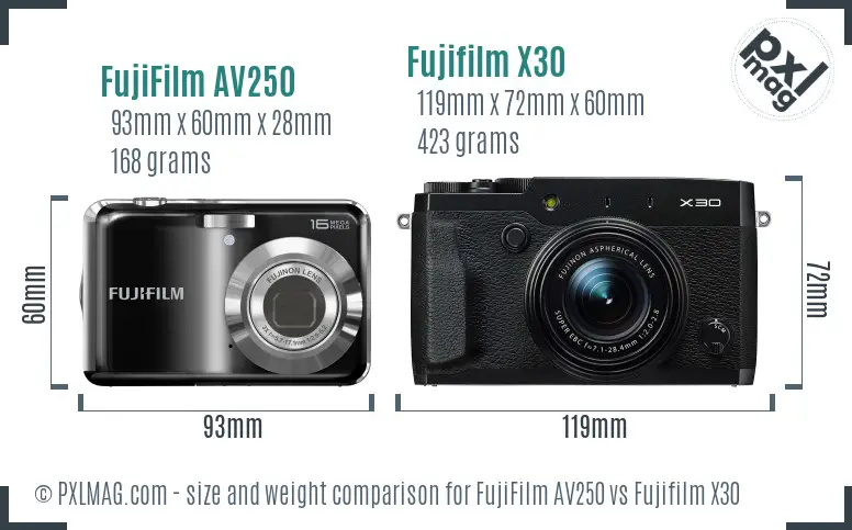 FujiFilm AV250 vs Fujifilm X30 size comparison
