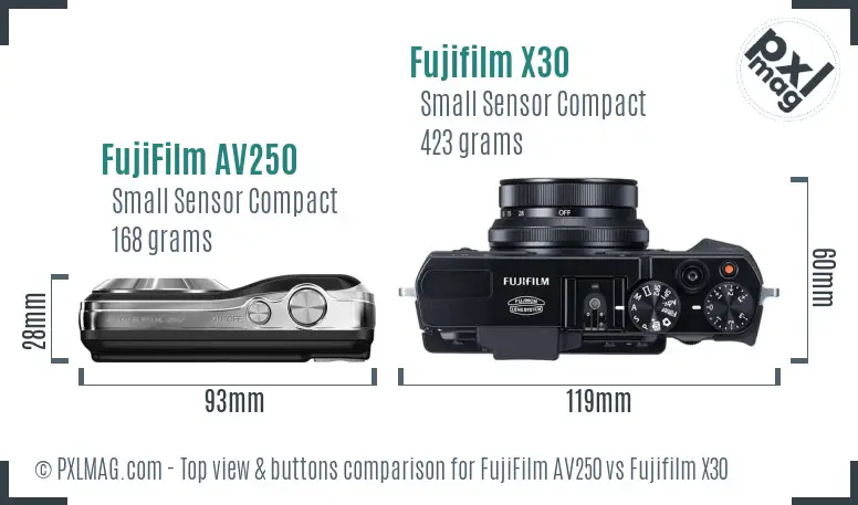 FujiFilm AV250 vs Fujifilm X30 top view buttons comparison