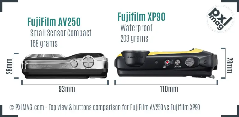 FujiFilm AV250 vs Fujifilm XP90 top view buttons comparison