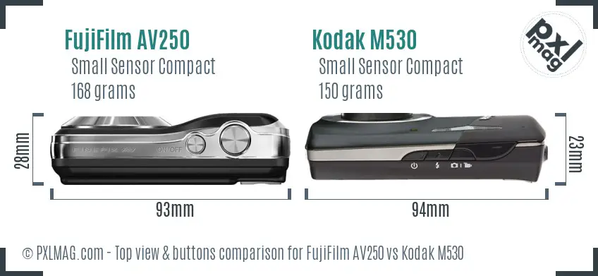 FujiFilm AV250 vs Kodak M530 top view buttons comparison