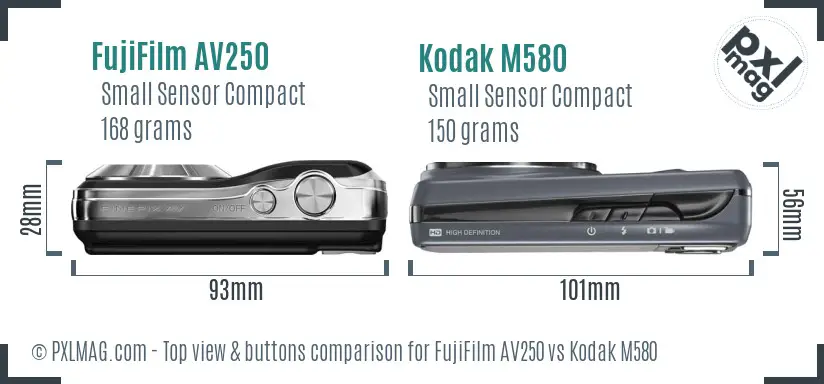 FujiFilm AV250 vs Kodak M580 top view buttons comparison FujiFilm AV250 vs Kodak M580 top view buttons comparison