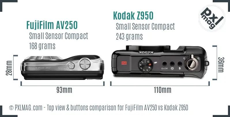FujiFilm AV250 vs Kodak Z950 top view buttons comparison FujiFilm AV250 vs Kodak Z950 top view buttons comparison