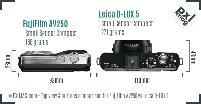FujiFilm AV250 vs Leica D-LUX 5 top view buttons comparison FujiFilm AV250 vs Leica D-LUX 5 top view buttons comparison