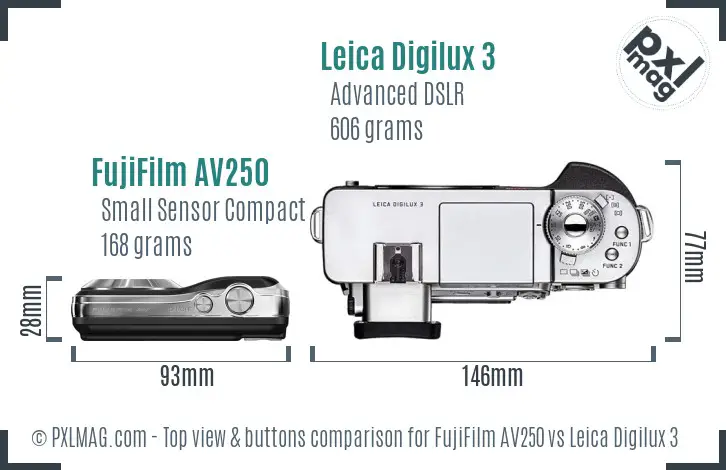FujiFilm AV250 vs Leica Digilux 3 top view buttons comparison