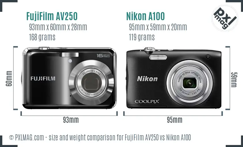 FujiFilm AV250 vs Nikon A100 size comparison
