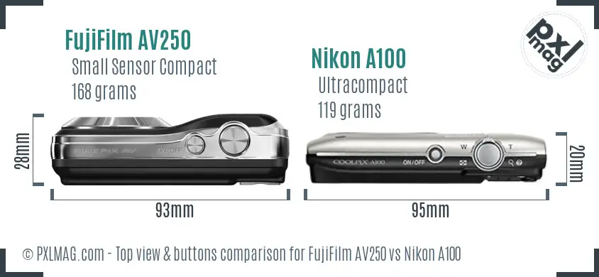 FujiFilm AV250 vs Nikon A100 top view buttons comparison