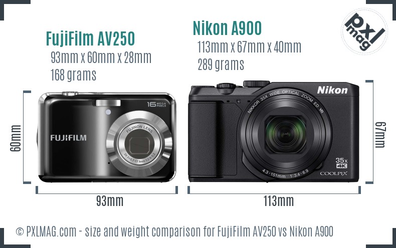 FujiFilm AV250 vs Nikon A900 size comparison FujiFilm AV250 vs Nikon A900 size comparison