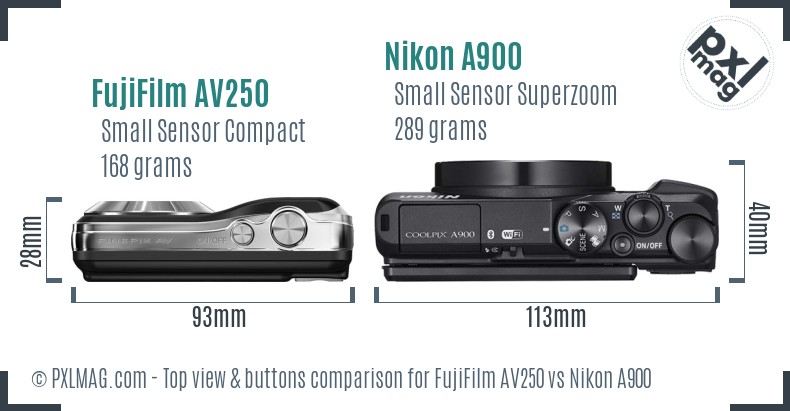 FujiFilm AV250 vs Nikon A900 top view buttons comparison