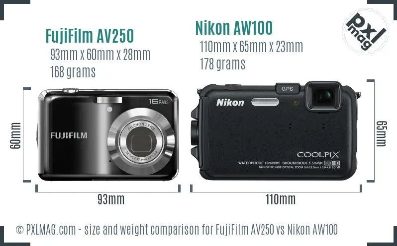 FujiFilm AV250 vs Nikon AW100 size comparison FujiFilm AV250 vs Nikon AW100 size comparison