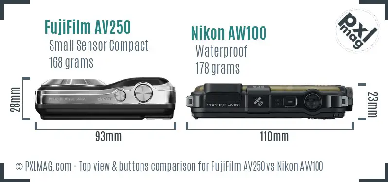 FujiFilm AV250 vs Nikon AW100 top view buttons comparison FujiFilm AV250 vs Nikon AW100 top view buttons comparison