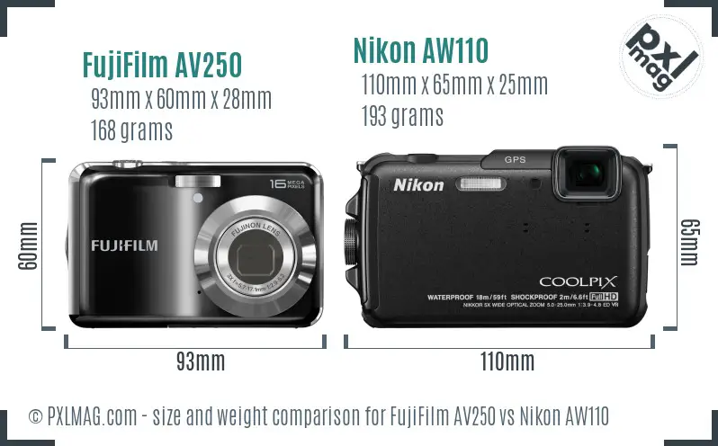 FujiFilm AV250 vs Nikon AW110 size comparison