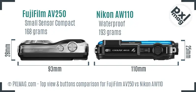 FujiFilm AV250 vs Nikon AW110 top view buttons comparison