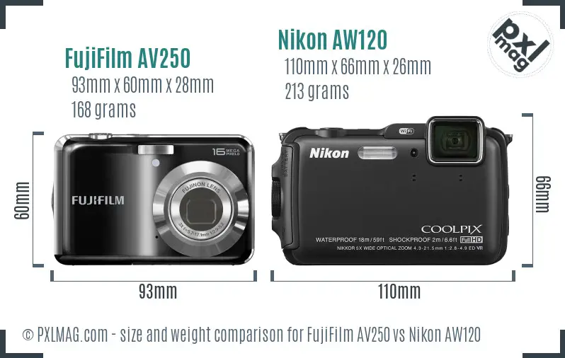 FujiFilm AV250 vs Nikon AW120 size comparison