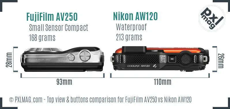 FujiFilm AV250 vs Nikon AW120 top view buttons comparison