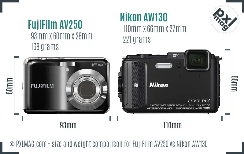 FujiFilm AV250 vs Nikon AW130 size comparison