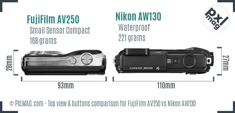 FujiFilm AV250 vs Nikon AW130 top view buttons comparison