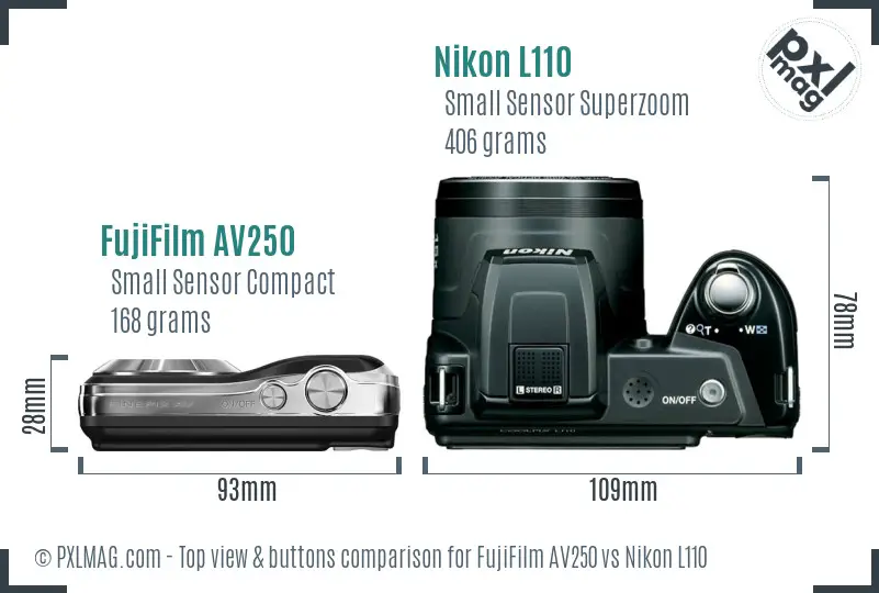 FujiFilm AV250 vs Nikon L110 top view buttons comparison