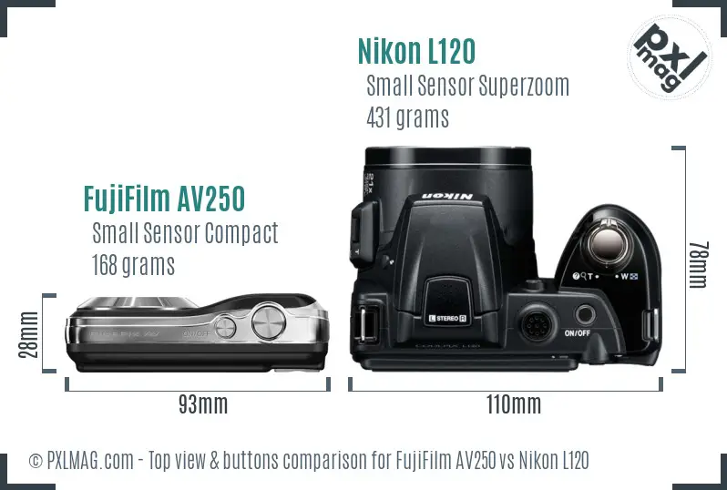 FujiFilm AV250 vs Nikon L120 top view buttons comparison FujiFilm AV250 vs Nikon L120 top view buttons comparison