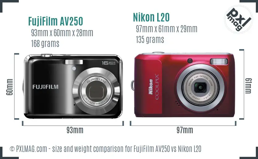 FujiFilm AV250 vs Nikon L20 size comparison