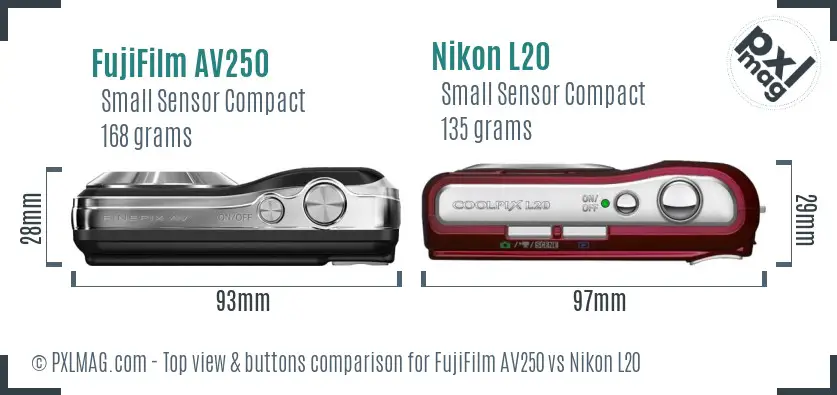 FujiFilm AV250 vs Nikon L20 top view buttons comparison