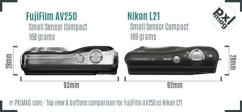 FujiFilm AV250 vs Nikon L21 top view buttons comparison