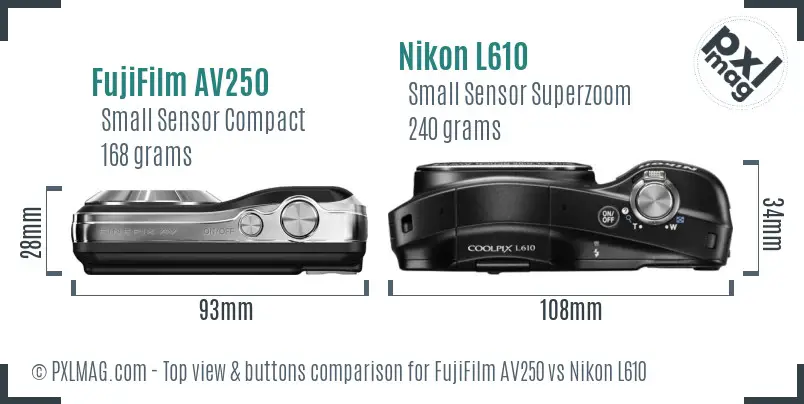 FujiFilm AV250 vs Nikon L610 top view buttons comparison