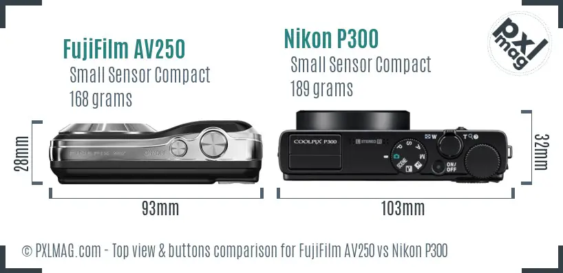 FujiFilm AV250 vs Nikon P300 top view buttons comparison FujiFilm AV250 vs Nikon P300 top view buttons comparison