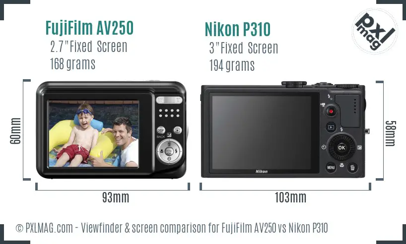 FujiFilm AV250 vs Nikon P310 Screen and Viewfinder comparison