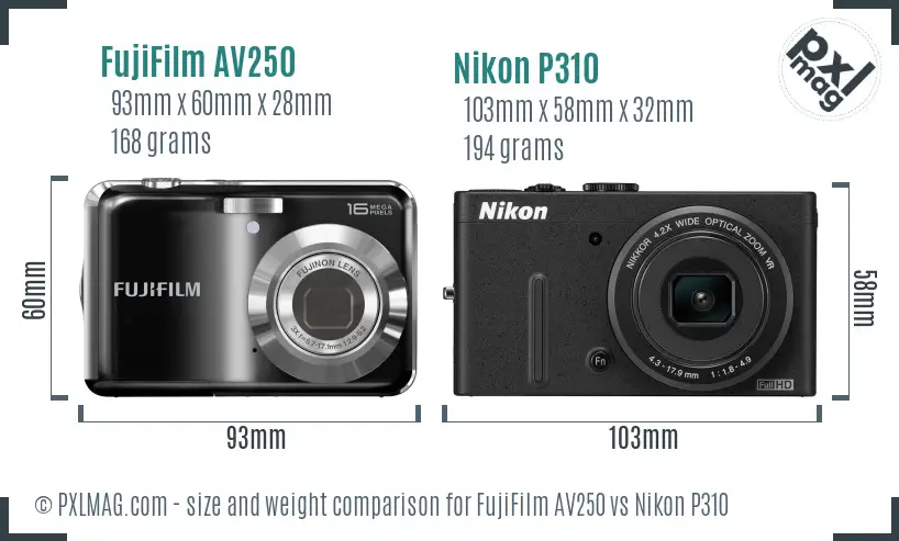 FujiFilm AV250 vs Nikon P310 size comparison